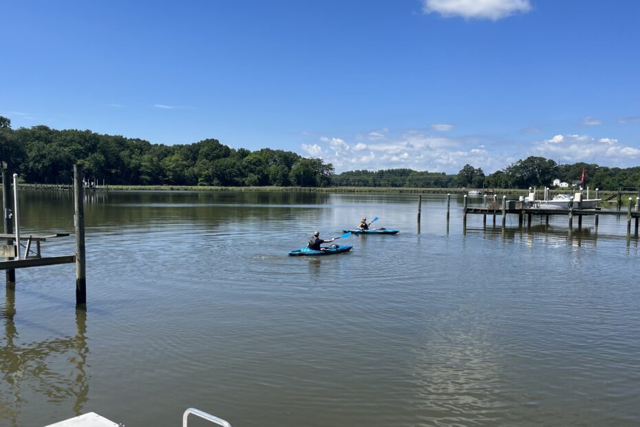 Two people in kayaks on a calm creek with a blue sky above.